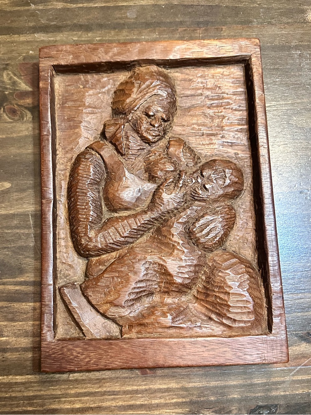 Vintage Carved Wood Mother & Child Relief Plaque 8.5” x 12”